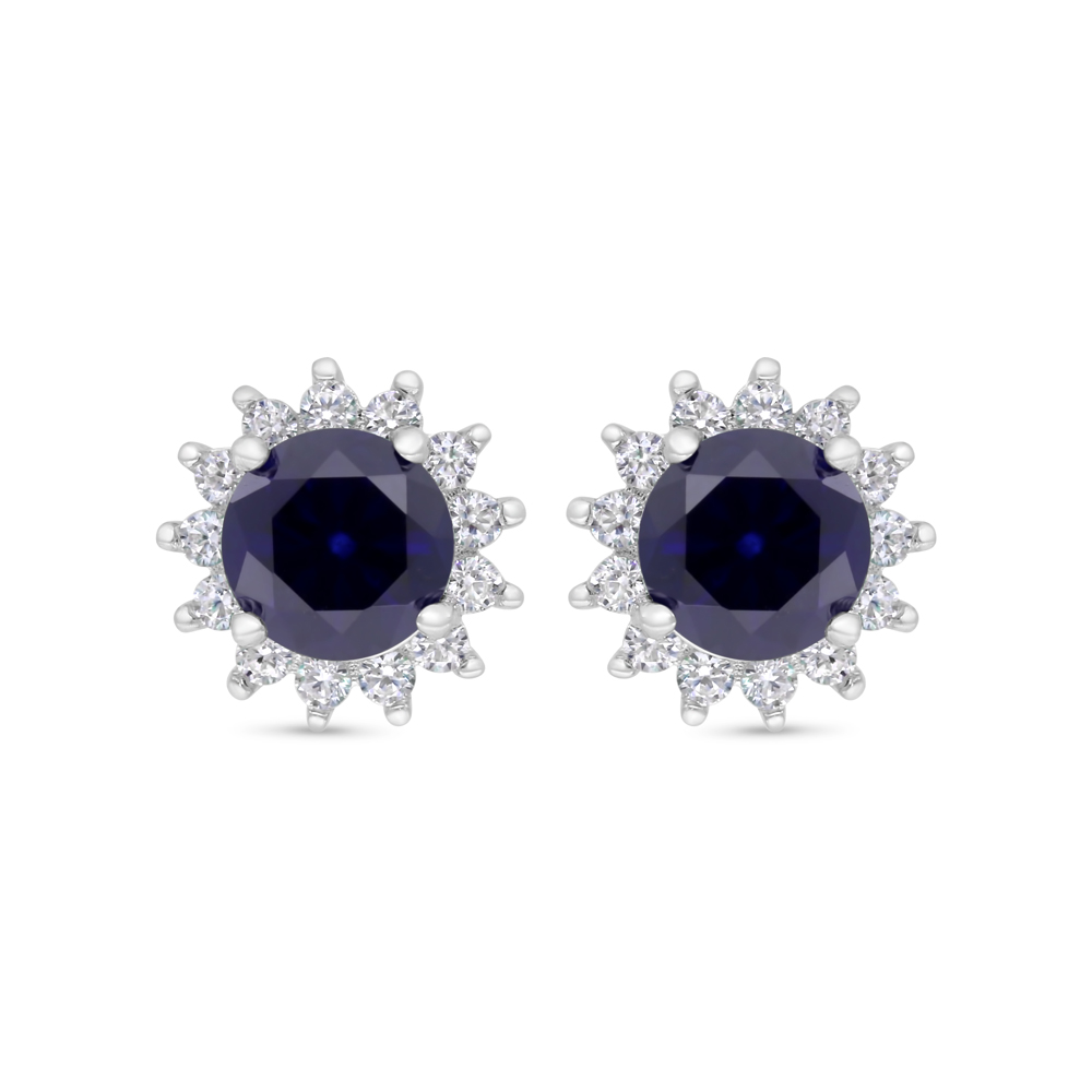 Sterling Silver 925 Earring Rhodium Plated Embedded With Sapphire Corundum And White Zircon