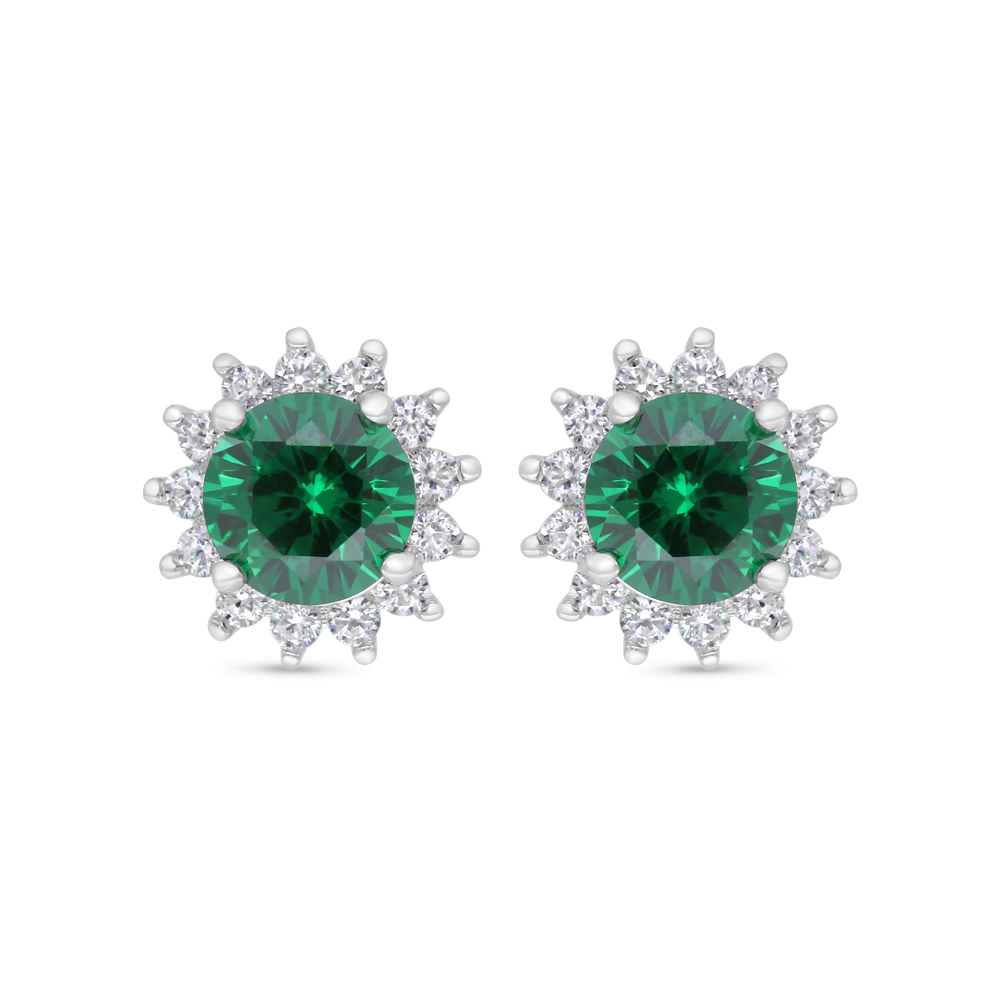 Sterling Silver 925 Earring Rhodium Plated Embedded With Emerald Zircon And White Zircon