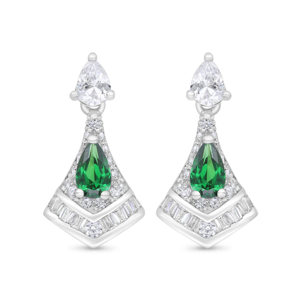 Sterling Silver 925 Earring Rhodium Plated Embedded With Emerald Zircon And White Zircon