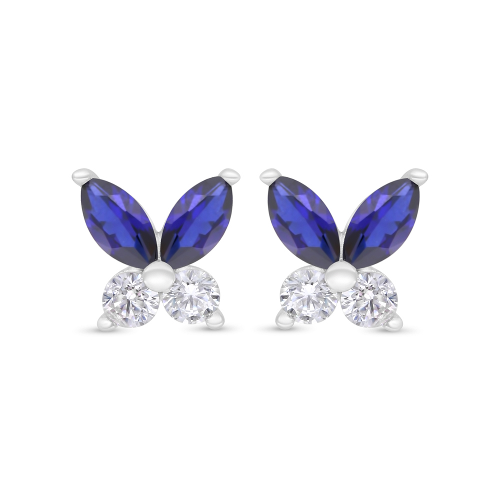 Sterling Silver 925 Earring Rhodium Plated Embedded With Sapphire Corundum And White Zircon