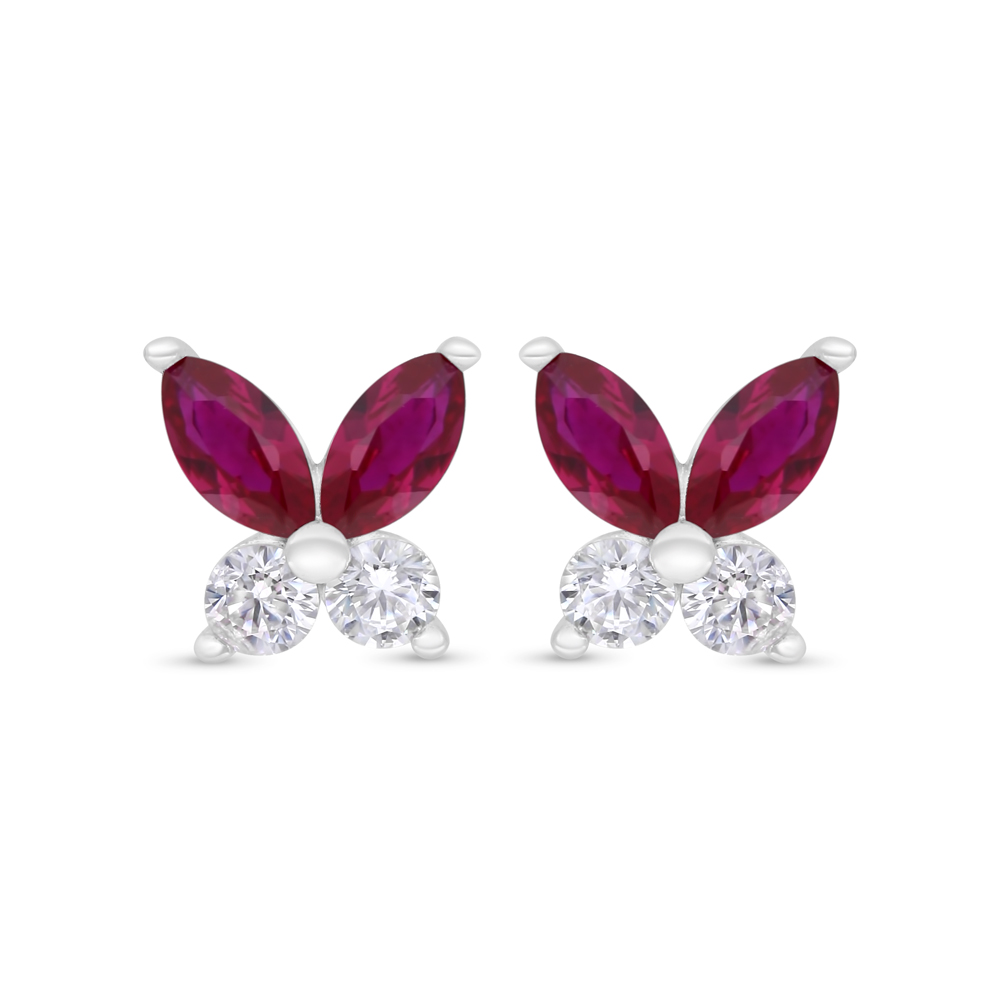 Sterling Silver 925 Earring Rhodium Plated Embedded With Ruby Corundum And White Zircon