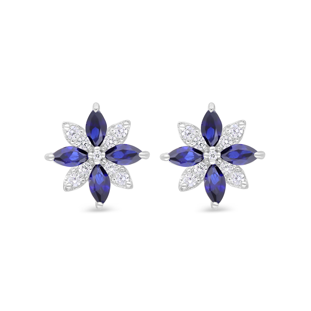 Sterling Silver 925 Earring Rhodium Plated Embedded With Sapphire Corundum And White Zircon