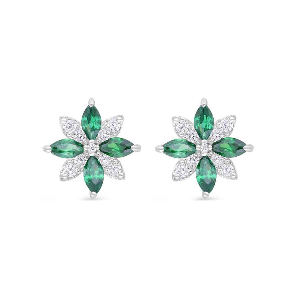 Sterling Silver 925 Earring Rhodium Plated Embedded With Emerald Zircon And White Zircon