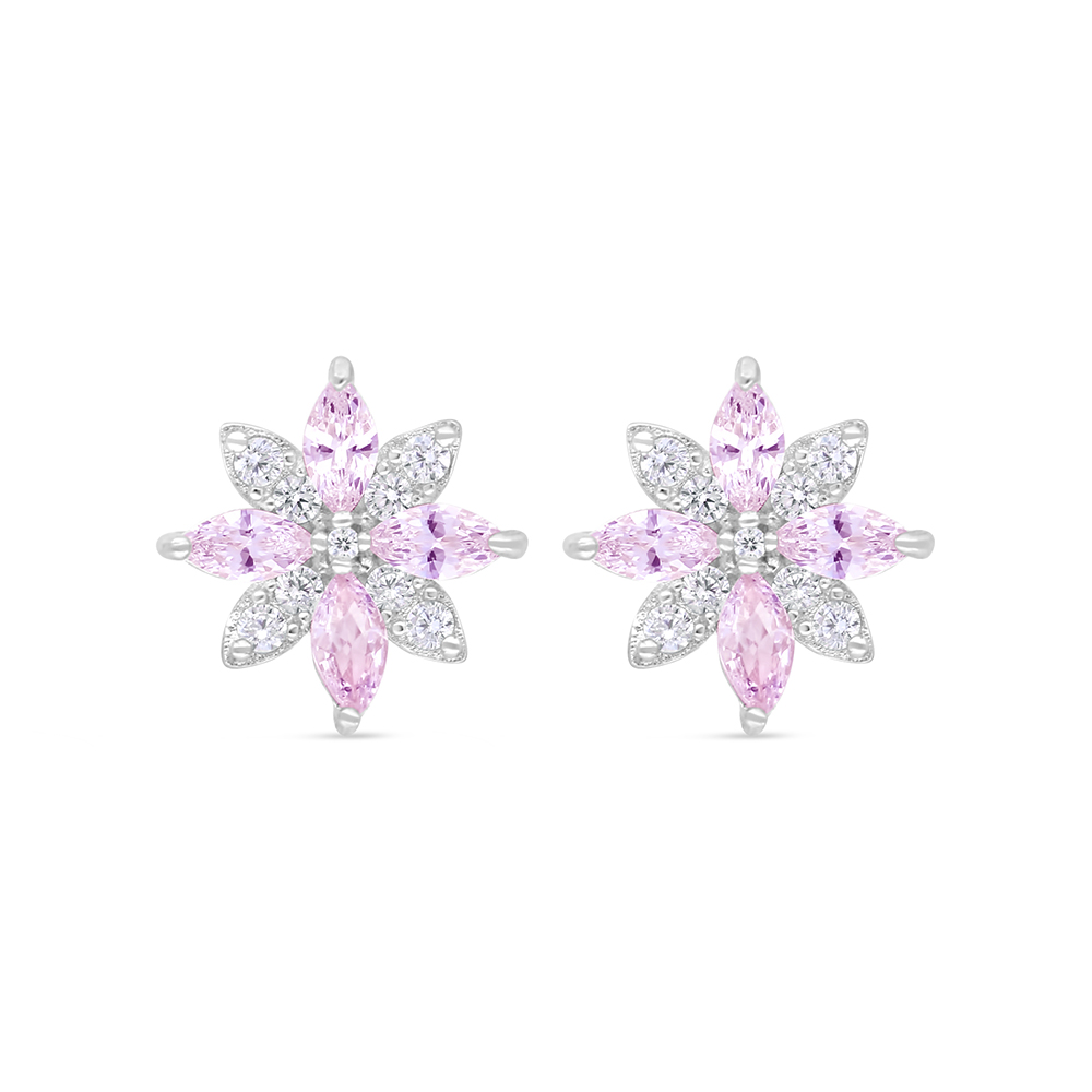 Sterling Silver 925 Earring Rhodium Plated Embedded With Pink Zircon And White Zircon