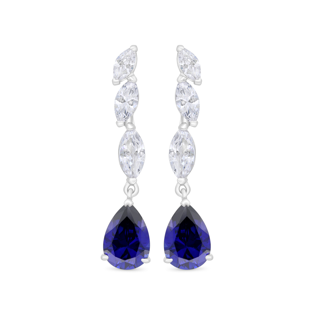 Sterling Silver 925 Earring Rhodium Plated Embedded With Sapphire Corundum And White Zircon