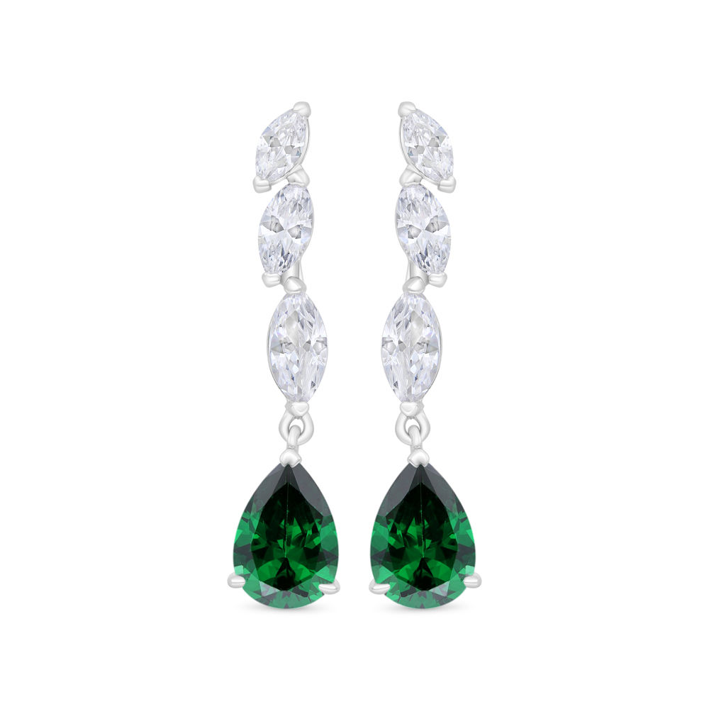 Sterling Silver 925 Earring Rhodium Plated Embedded With Emerald Zircon And White Zircon