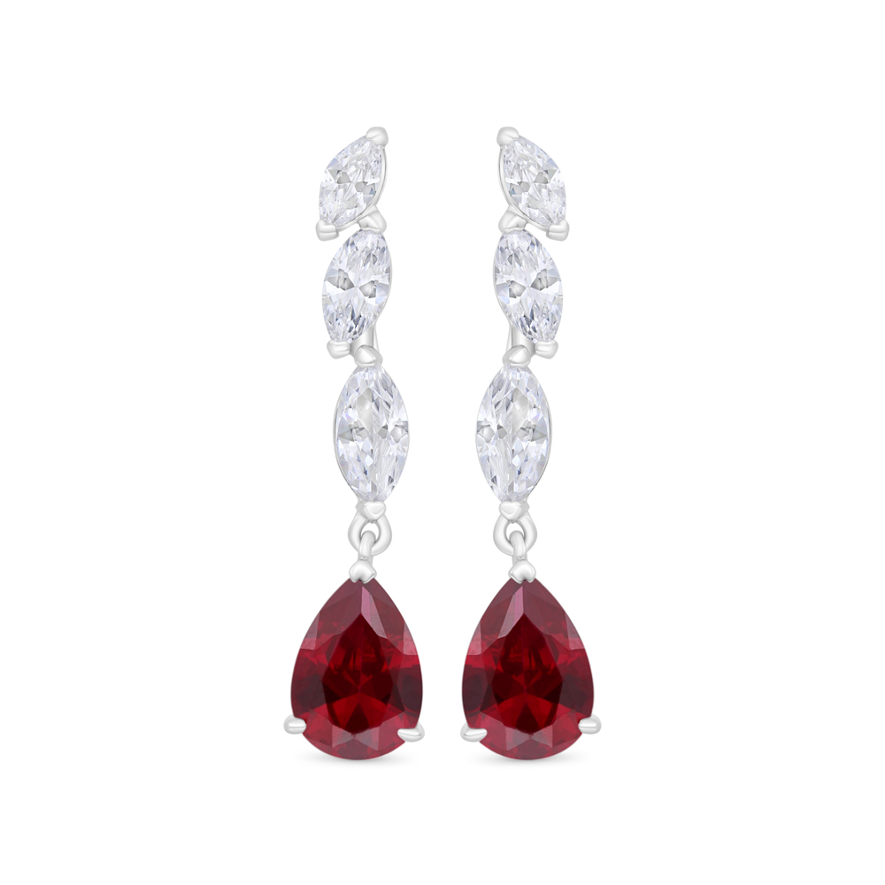 Sterling Silver 925 Earring Rhodium Plated Embedded With Ruby Corundum And White Zircon