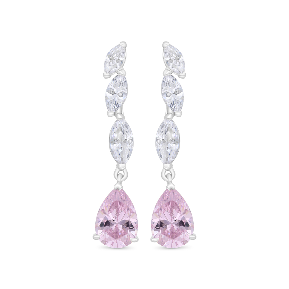 Sterling Silver 925 Earring Rhodium Plated Embedded With Pink Zircon And White Zircon