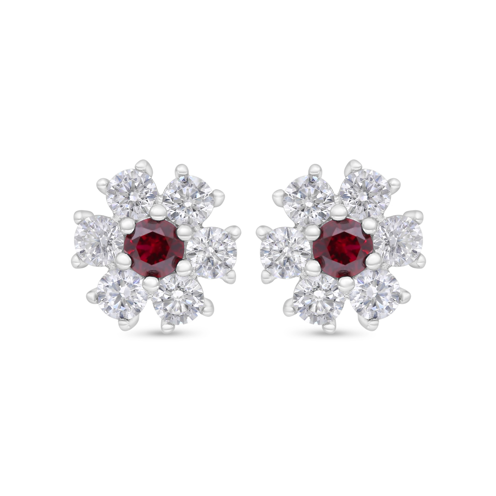 Sterling Silver 925 Earring Rhodium Plated Embedded With Ruby Corundum And White Zircon