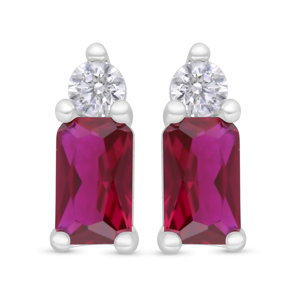 Sterling Silver 925 Earring Rhodium Plated Embedded With Ruby Corundum And White Zircon