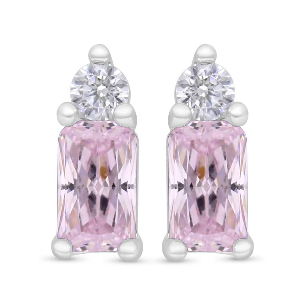 Sterling Silver 925 Earring Rhodium Plated Embedded With Pink Zircon And White Zircon