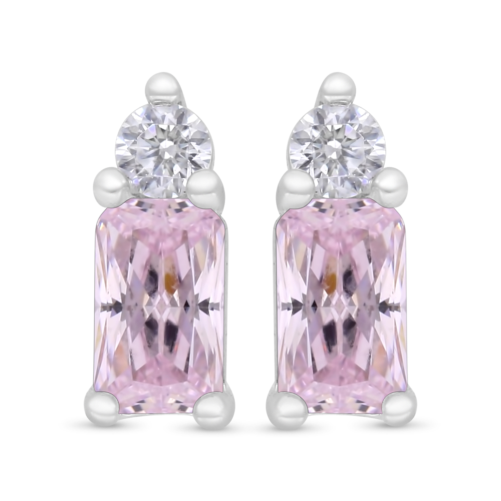 Sterling Silver 925 Earring Rhodium Plated Embedded With Pink Zircon And White Zircon