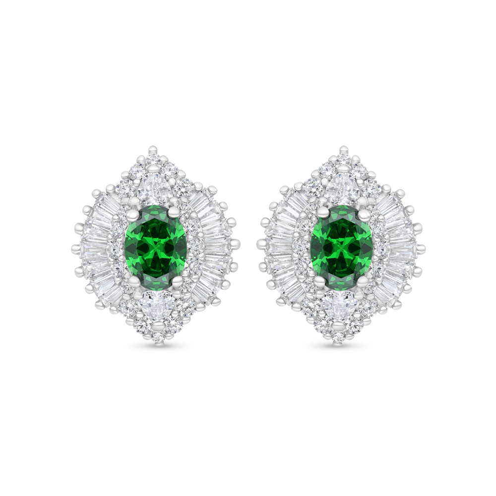 Sterling Silver 925 Earring Rhodium Plated Embedded With Emerald Zircon And White Zircon