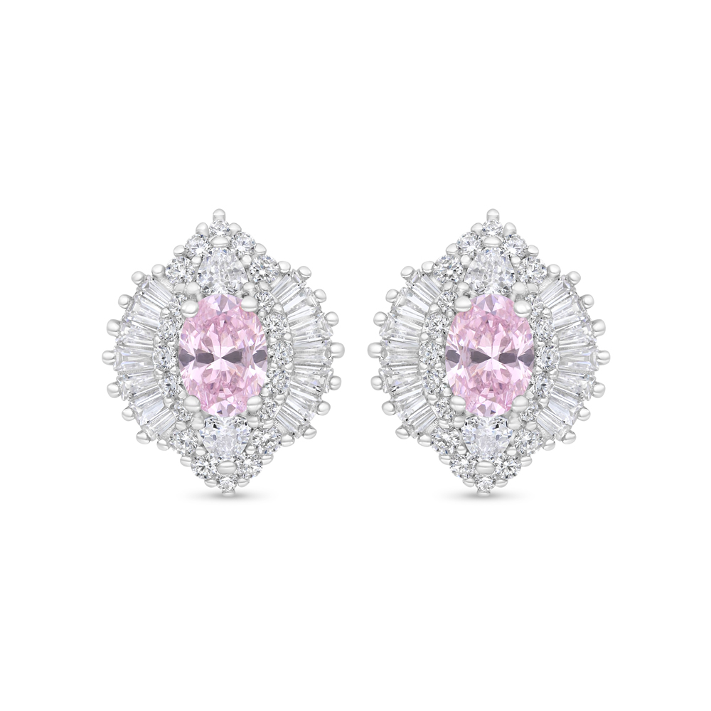 Sterling Silver 925 Earring Rhodium Plated Embedded With Pink Zircon And White Zircon