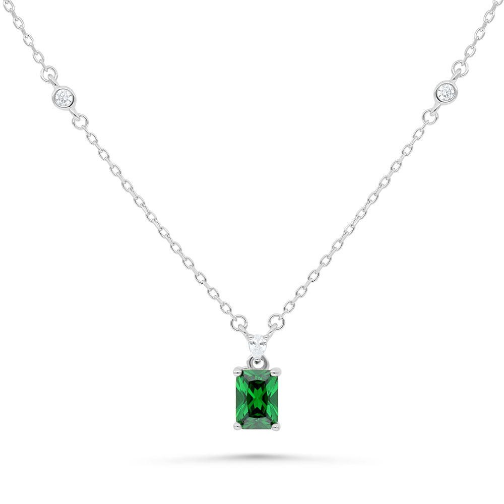 Sterling Silver 925 Necklace Rhodium Plated Embedded With Emerald Zircon And White Zircon