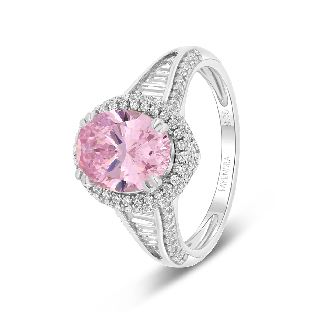 Sterling Silver 925 Ring Rhodium Plated Embedded With Pink Zircon And White Zircon