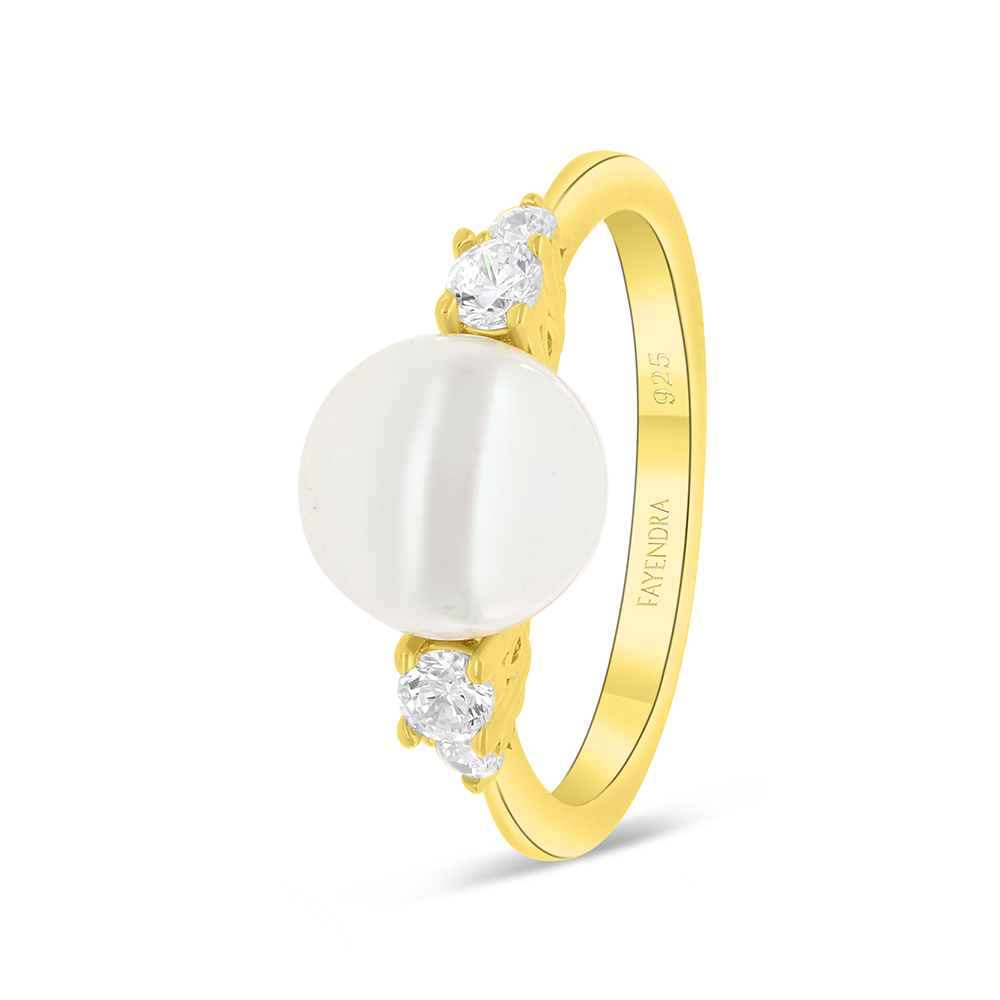Sterling Silver 925 Ring Gold Plated Embedded With White Shell Pearl And White Zircon