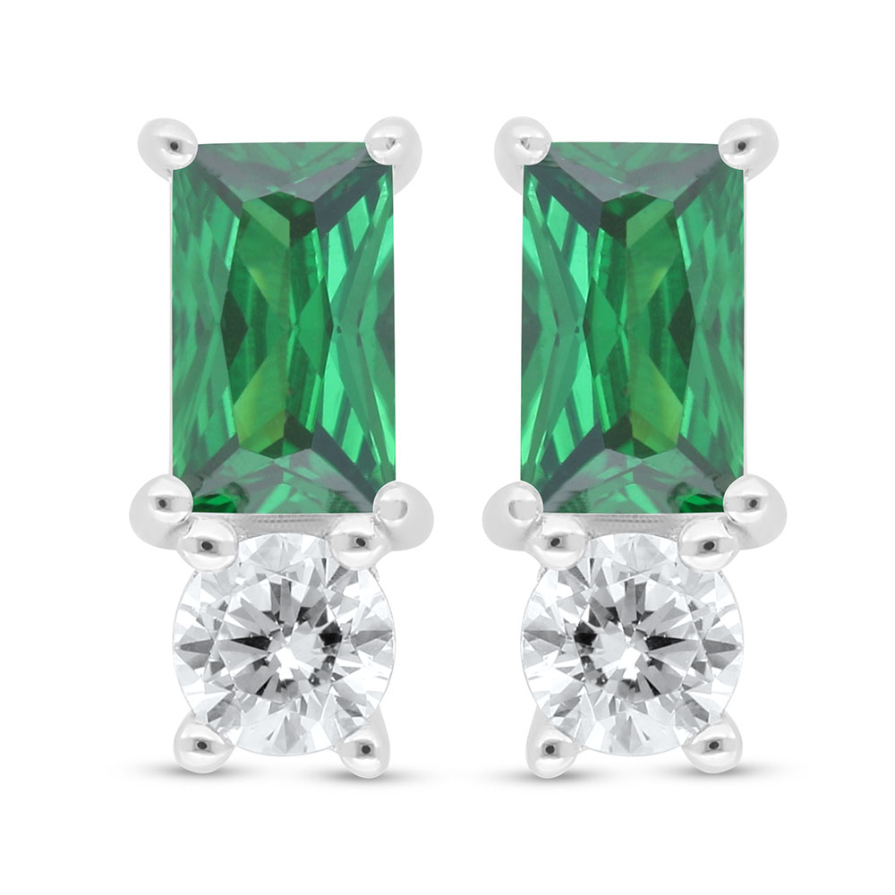 Sterling Silver 925 Earring Rhodium Plated Embedded With Emerald Zircon And White Zircon