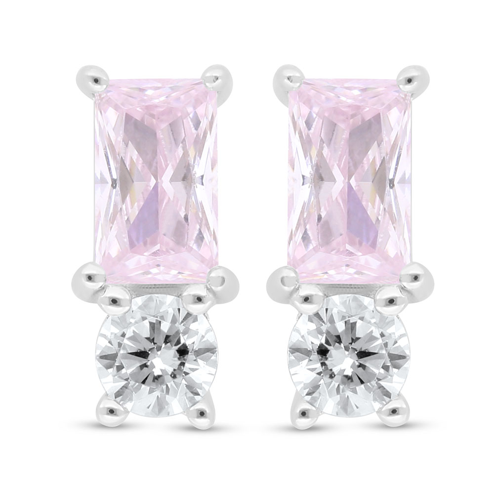 Sterling Silver 925 Earring Rhodium Plated Embedded With Pink Zircon And White Zircon