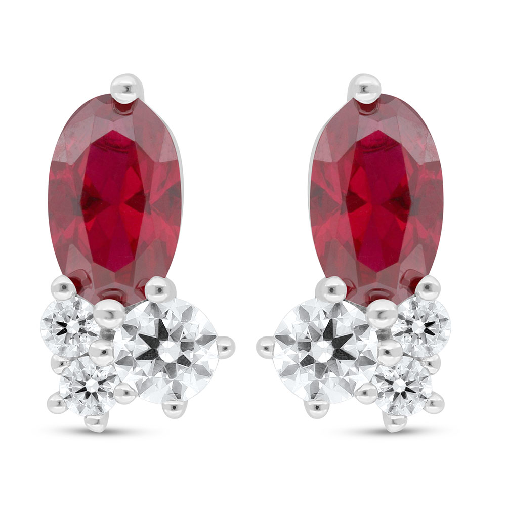 Sterling Silver 925 Earring Rhodium Plated Embedded With Ruby Corundum And White Zircon