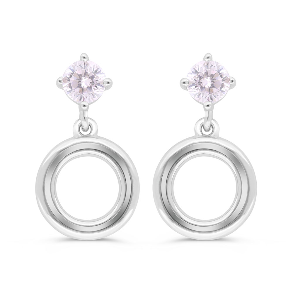 Sterling Silver 925 Earring Rhodium Plated Embedded With Pink Zircon