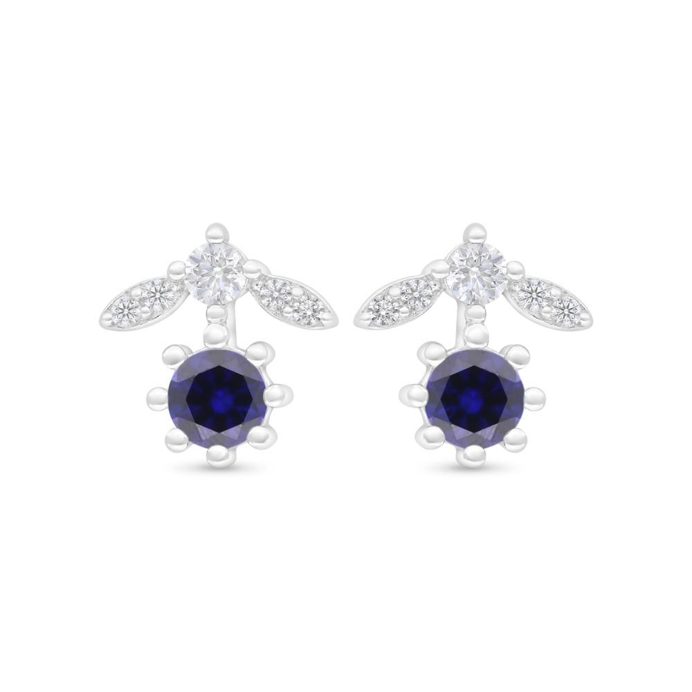 Sterling Silver 925 Earring Rhodium Plated Embedded With Sapphire Corundum And White Zircon