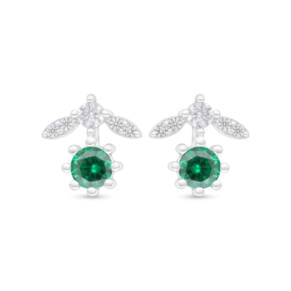 Sterling Silver 925 Earring Rhodium Plated Embedded With Emerald Zircon And White Zircon