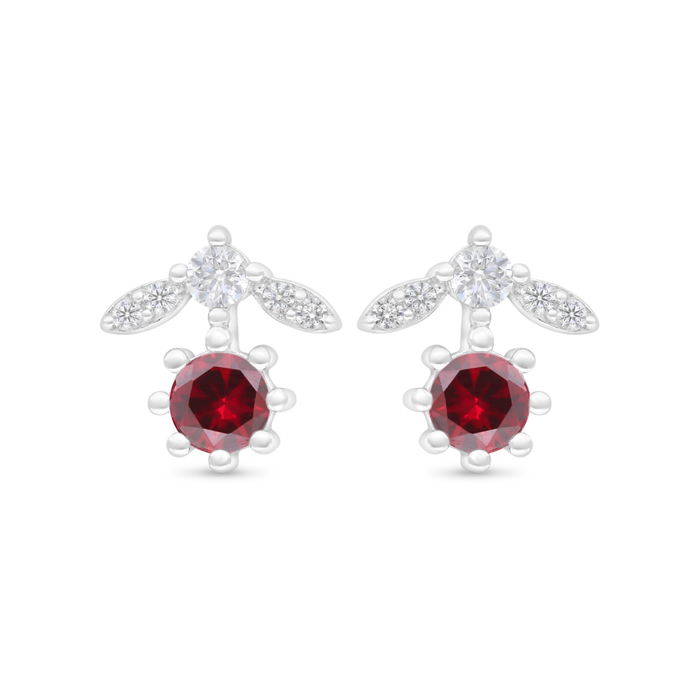 Sterling Silver 925 Earring Rhodium Plated Embedded With Ruby Corundum And White Zircon