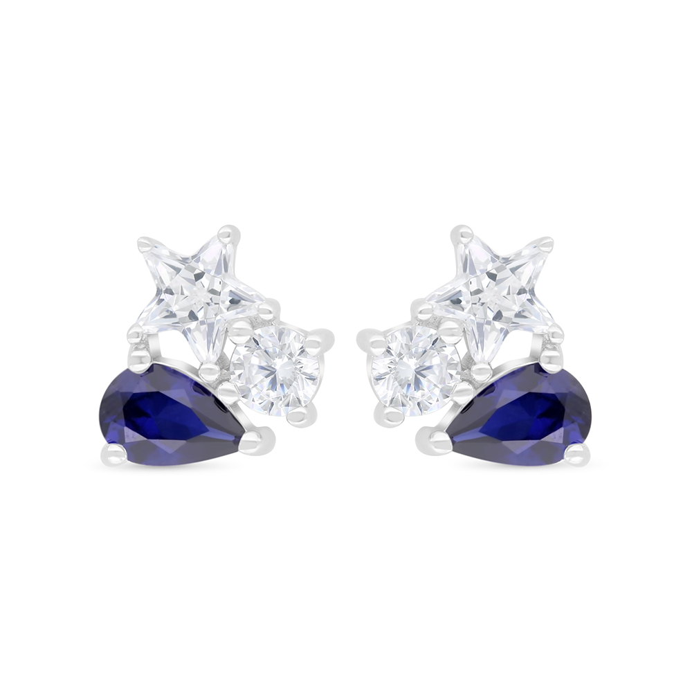 Sterling Silver 925 Earring Rhodium Plated Embedded With Sapphire Corundum And White Zircon