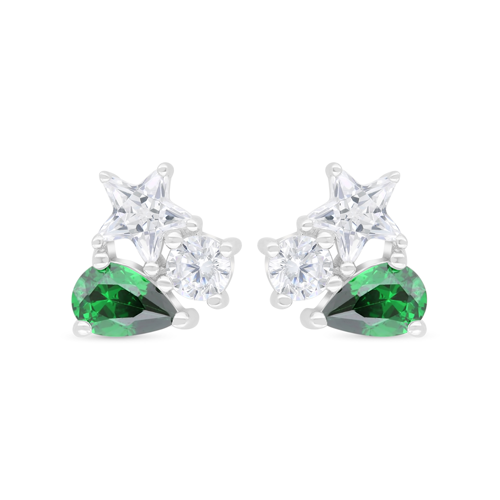 Sterling Silver 925 Earring Rhodium Plated Embedded With Emerald Zircon And White Zircon