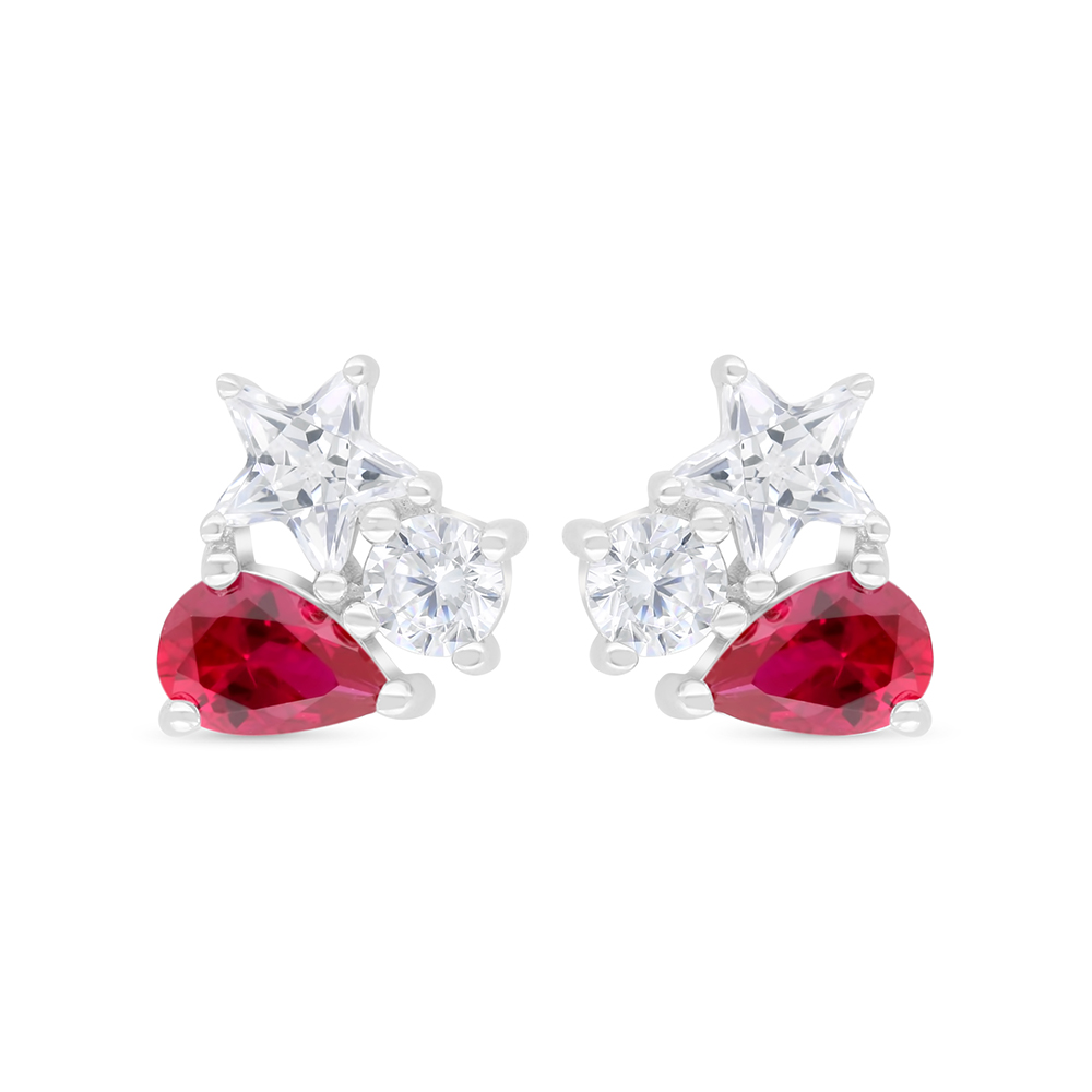 Sterling Silver 925 Earring Rhodium Plated Embedded With Ruby Corundum And White Zircon