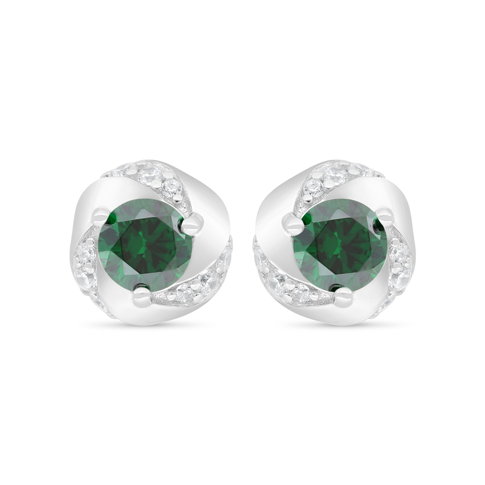 Sterling Silver 925 Earring Rhodium Plated Embedded With Emerald Zircon And White Zircon