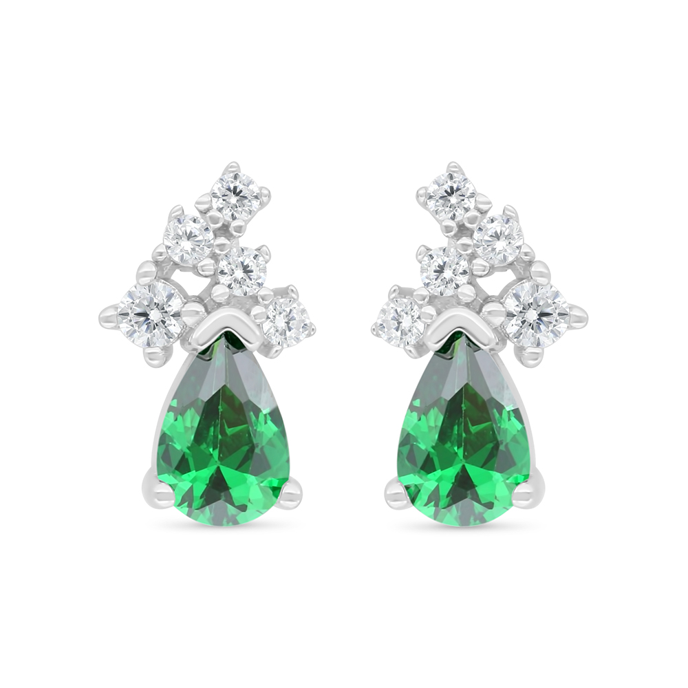 Sterling Silver 925 Earring Rhodium Plated Embedded With Emerald Zircon And White Zircon