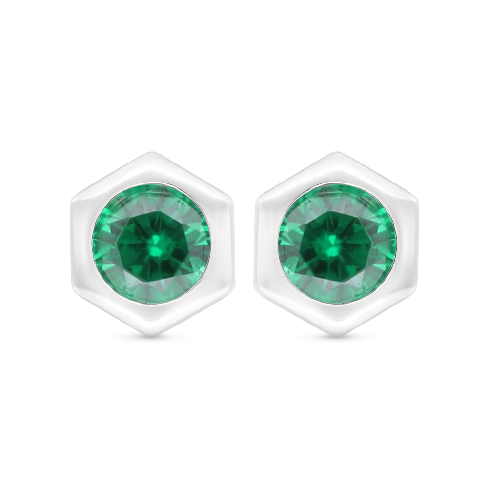Sterling Silver 925 Earring Rhodium Plated Embedded With Emerald Zircon