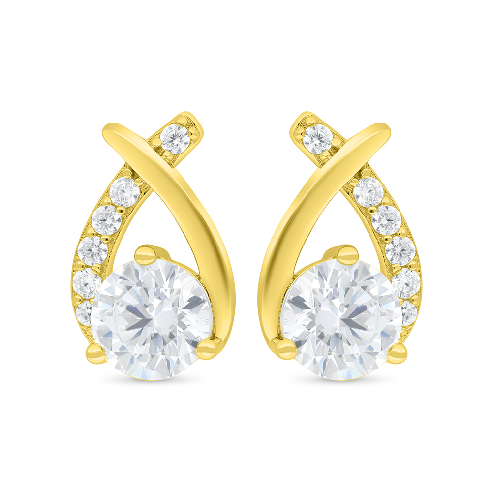 Sterling Silver 925 Earring Gold Plated Embedded With White Zircon