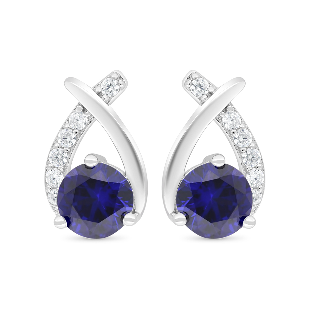 Sterling Silver 925 Earring Rhodium Plated Embedded With Sapphire Corundum And White Zircon