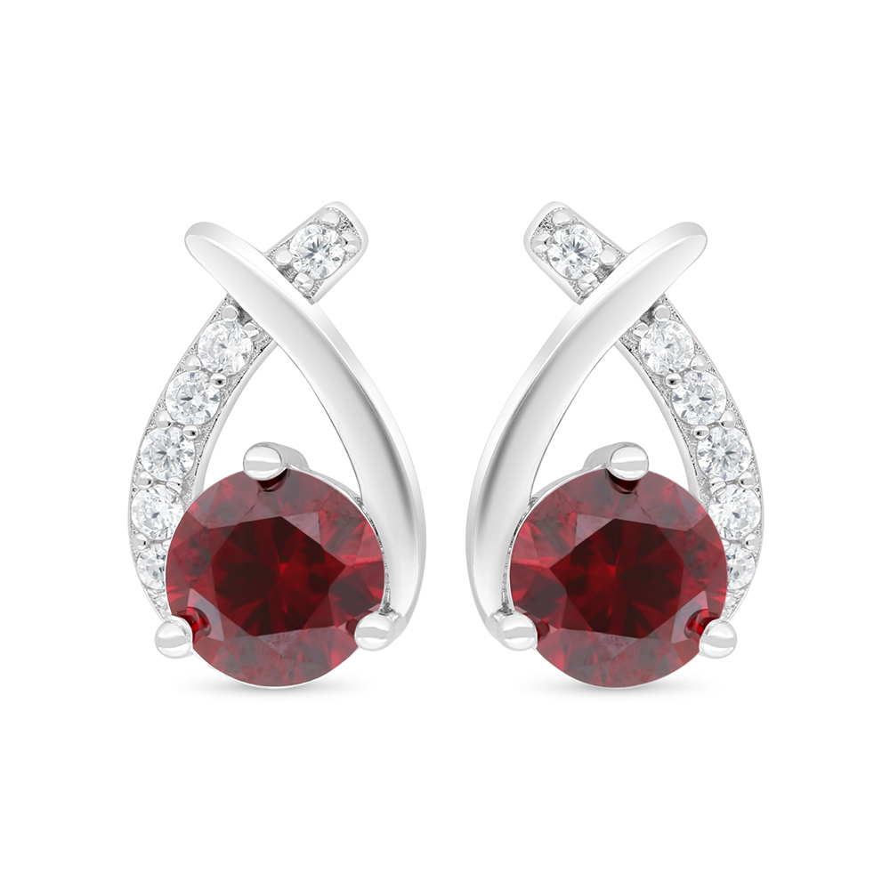 Sterling Silver 925 Earring Rhodium Plated Embedded With Ruby Corundum And White Zircon