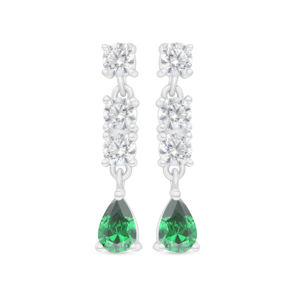 Sterling Silver 925 Earring Rhodium Plated Embedded With Emerald Zircon And White Zircon