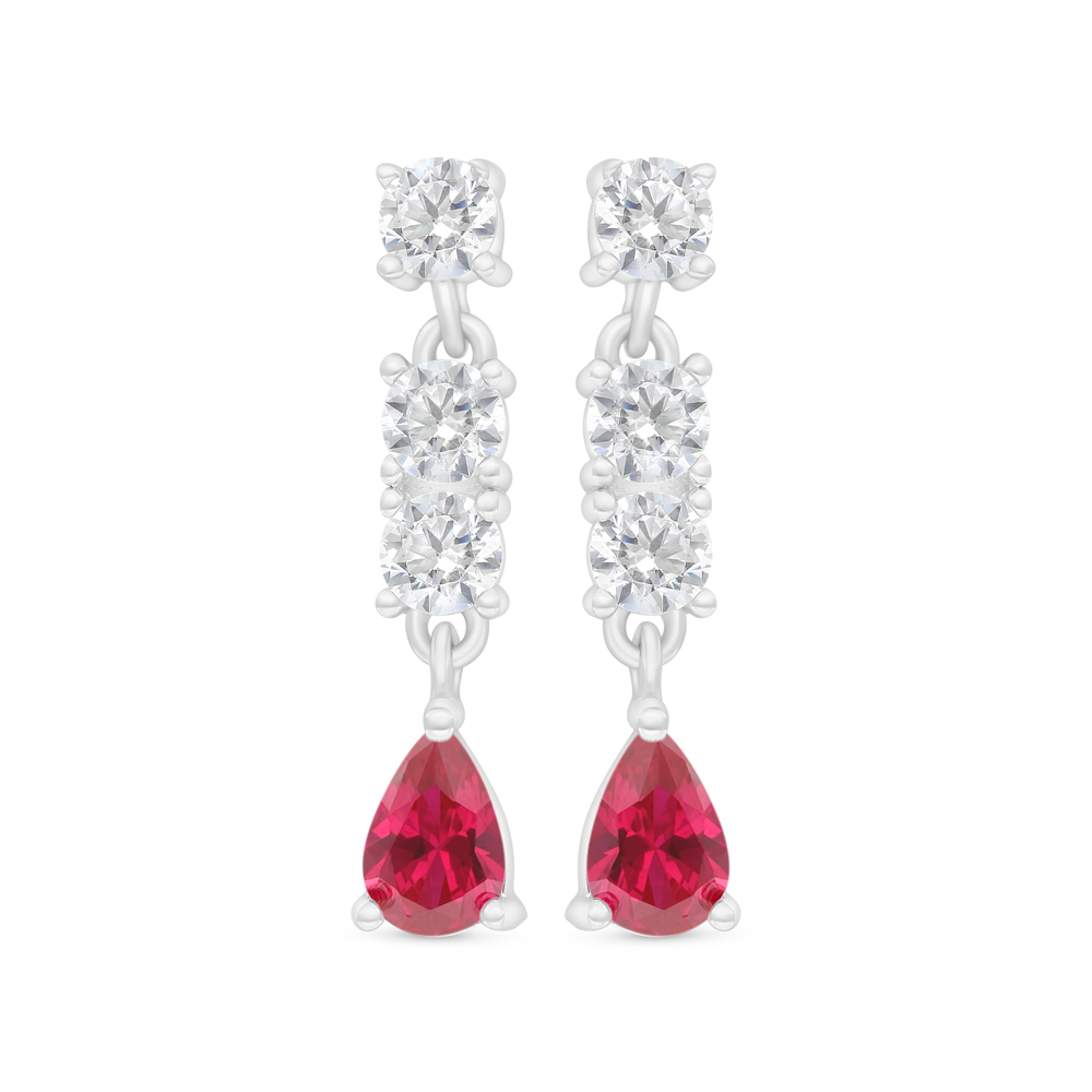 Sterling Silver 925 Earring Rhodium Plated Embedded With Ruby Corundum And White Zircon