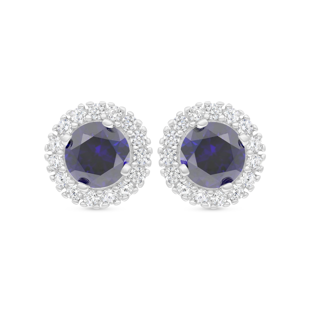 Sterling Silver 925 Earring Rhodium Plated Embedded With Sapphire Corundum And White Zircon