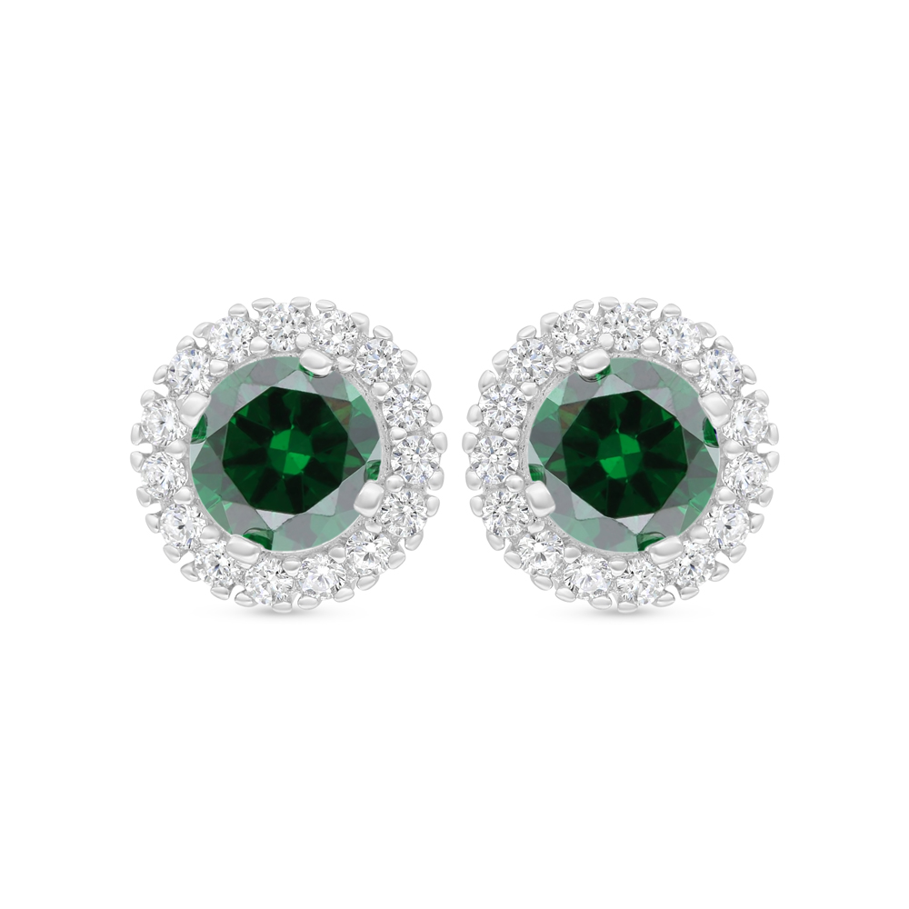 Sterling Silver 925 Earring Rhodium Plated Embedded With Emerald Zircon And White Zircon