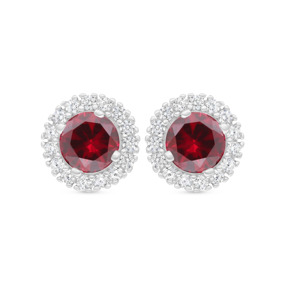 Sterling Silver 925 Earring Rhodium Plated Embedded With Ruby Corundum And White Zircon