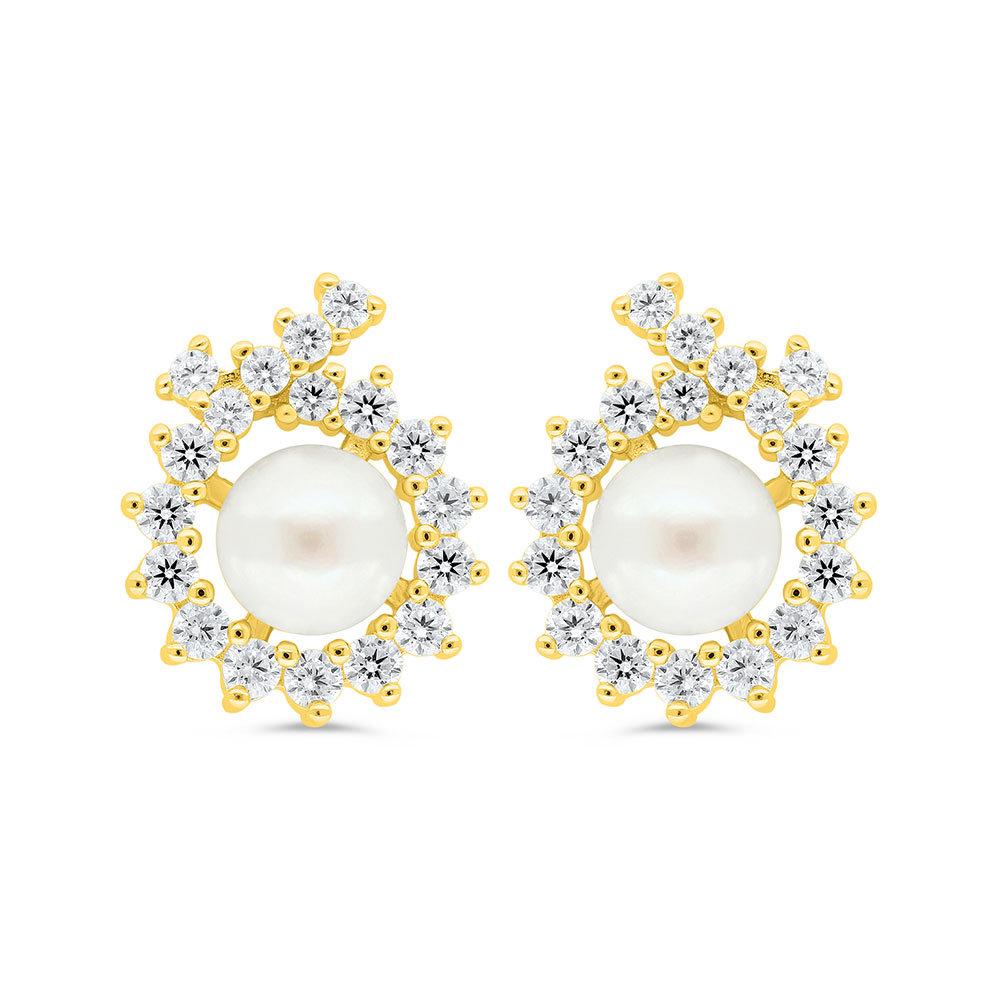 Sterling Silver 925 Earring Golden Plated Embedded With White Shell Pearl And White Zircon