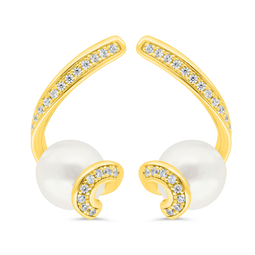 Sterling Silver 925 Earring Golden Plated Embedded With White Shell Pearl And White Zircon