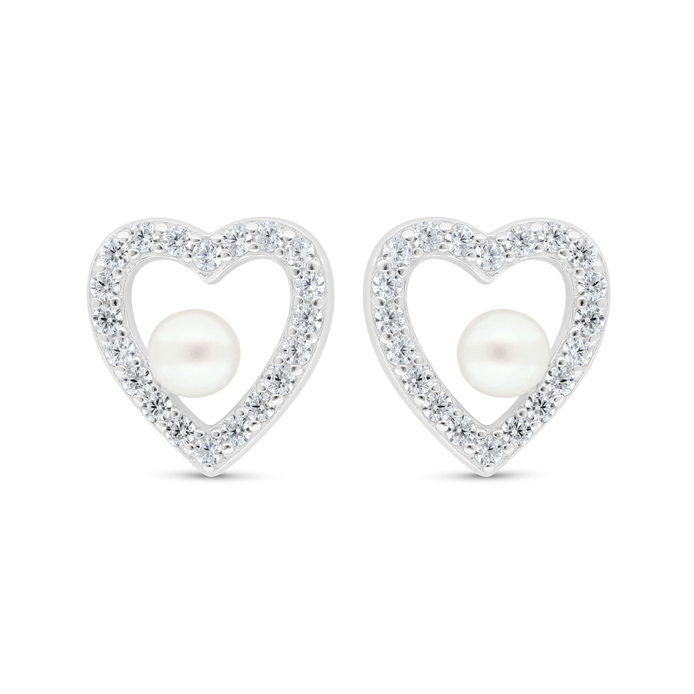 Sterling Silver 925 Earring Rhodium Plated Embedded With White Shell Pearl And White Zircon