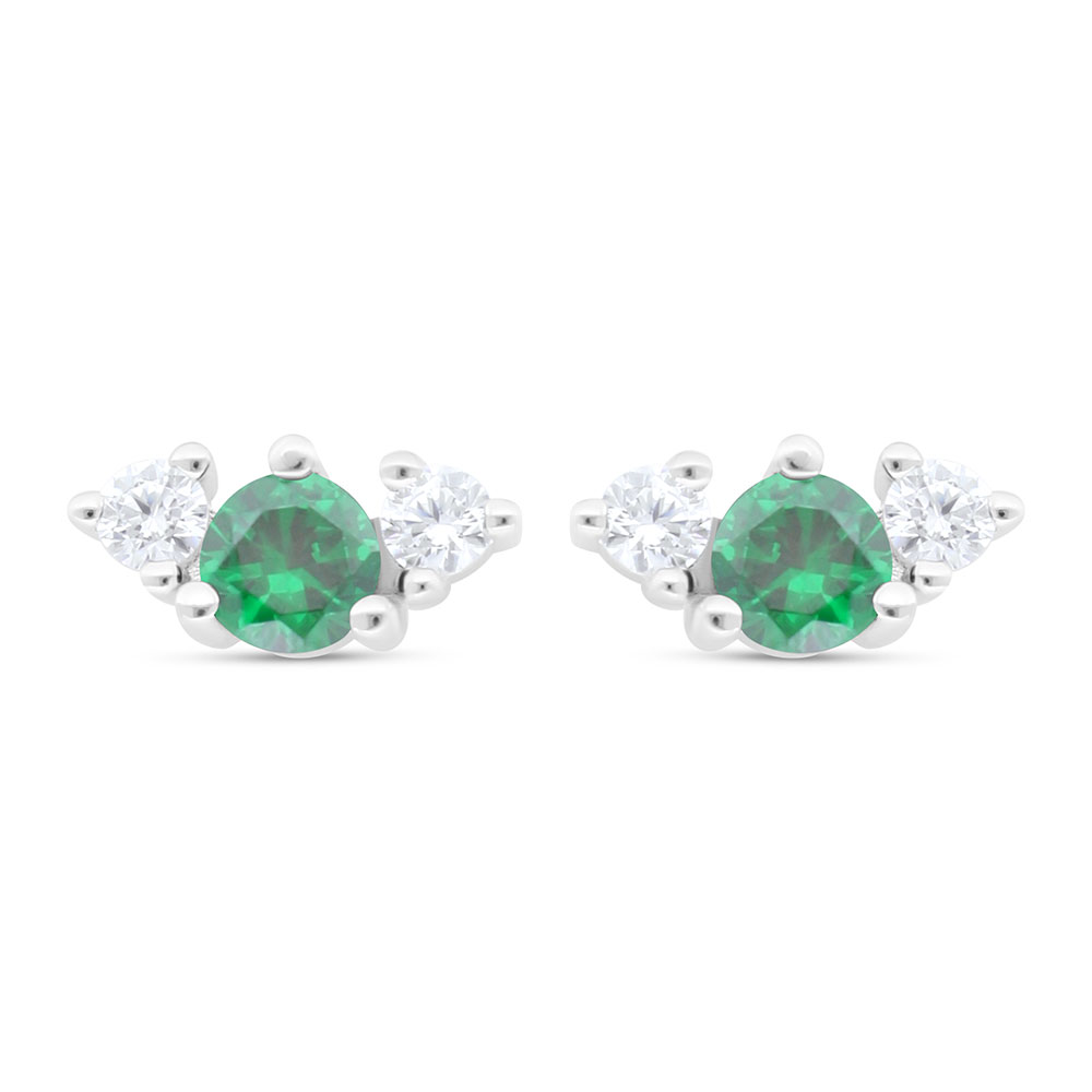 Sterling Silver 925 Earring Rhodium Plated Embedded With Emerald Zircon And White Zircon