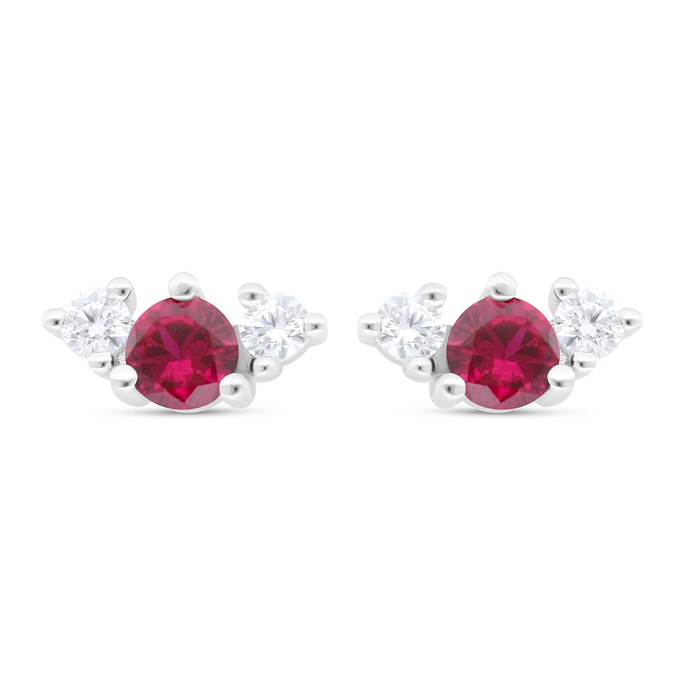 Sterling Silver 925 Earring Rhodium Plated Embedded With Ruby Corundum And White Zircon