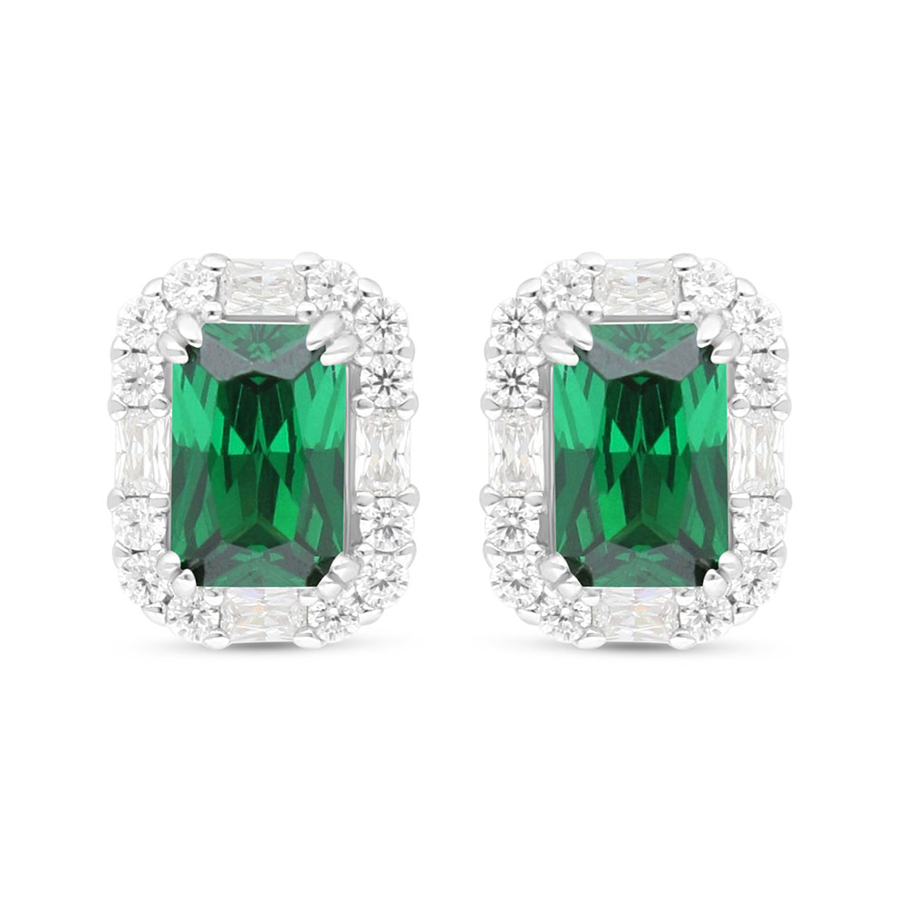 Sterling Silver 925 Earring Rhodium Plated Embedded With Emerald Zircon And White Zircon