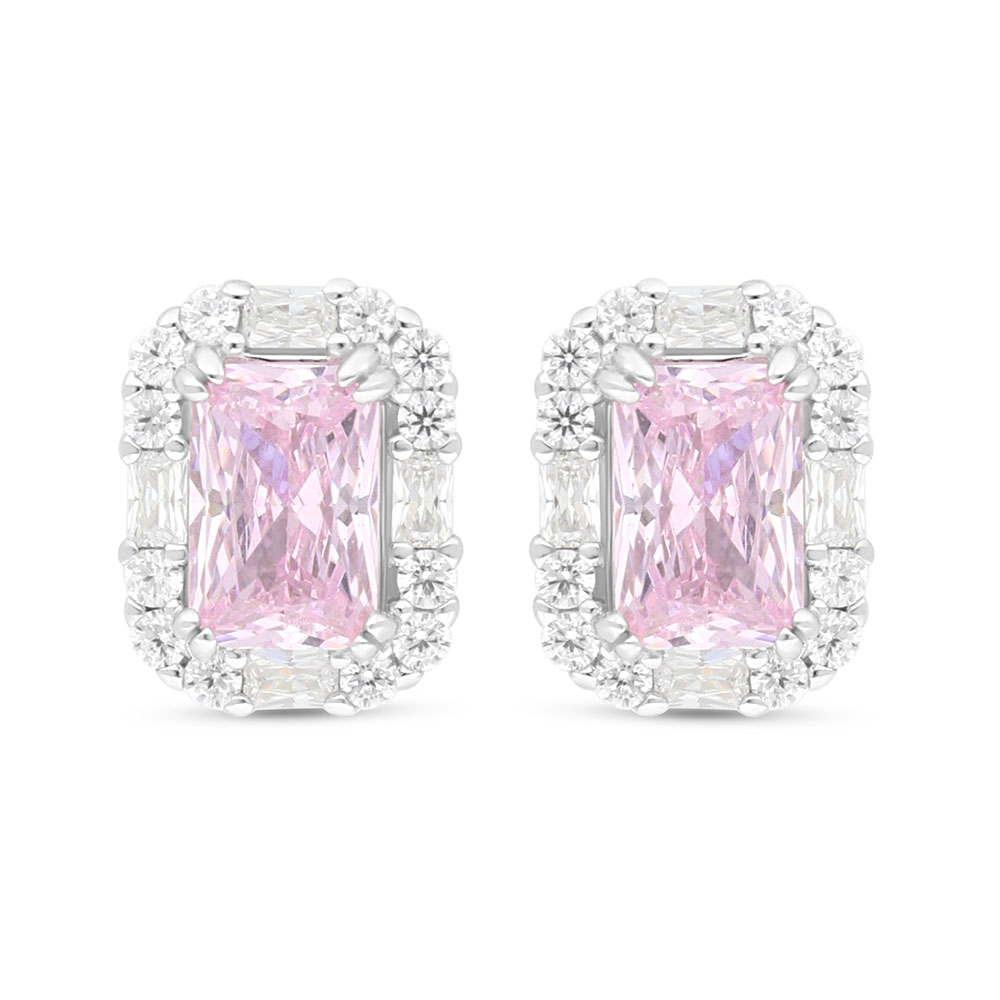 Sterling Silver 925 Earring Rhodium Plated Embedded With Pink Zircon And White Zircon