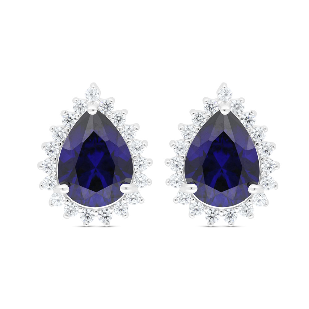 Sterling Silver 925 Earring Rhodium Plated Embedded With Sapphire Corundum And White Zircon